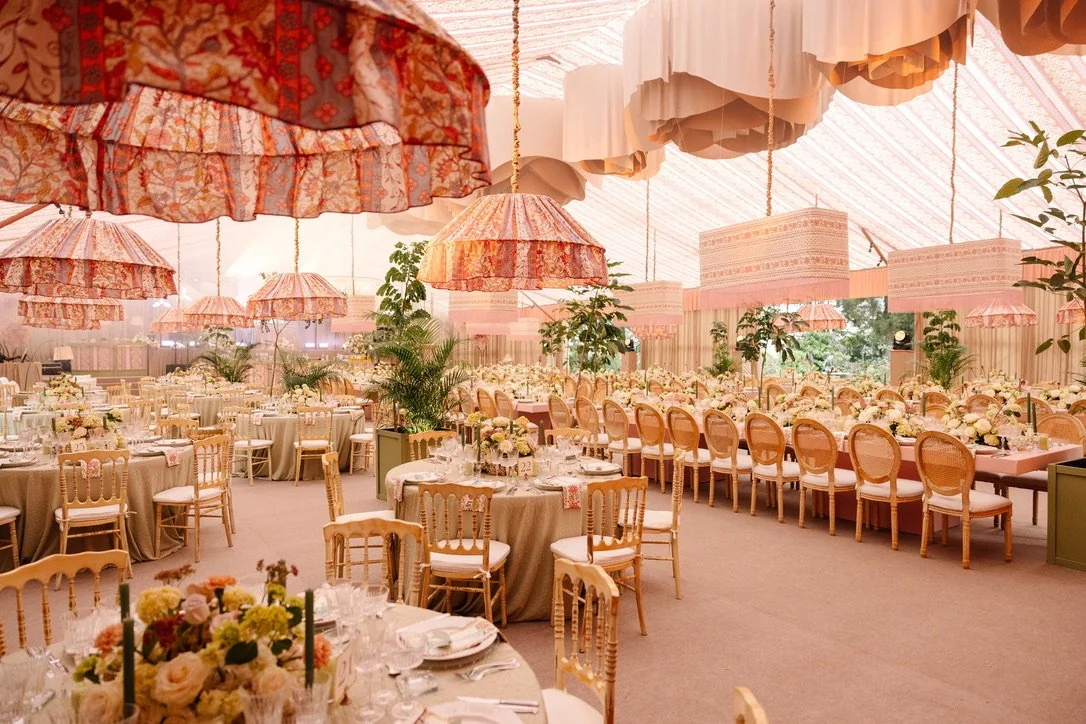 Tent with hanging parasols