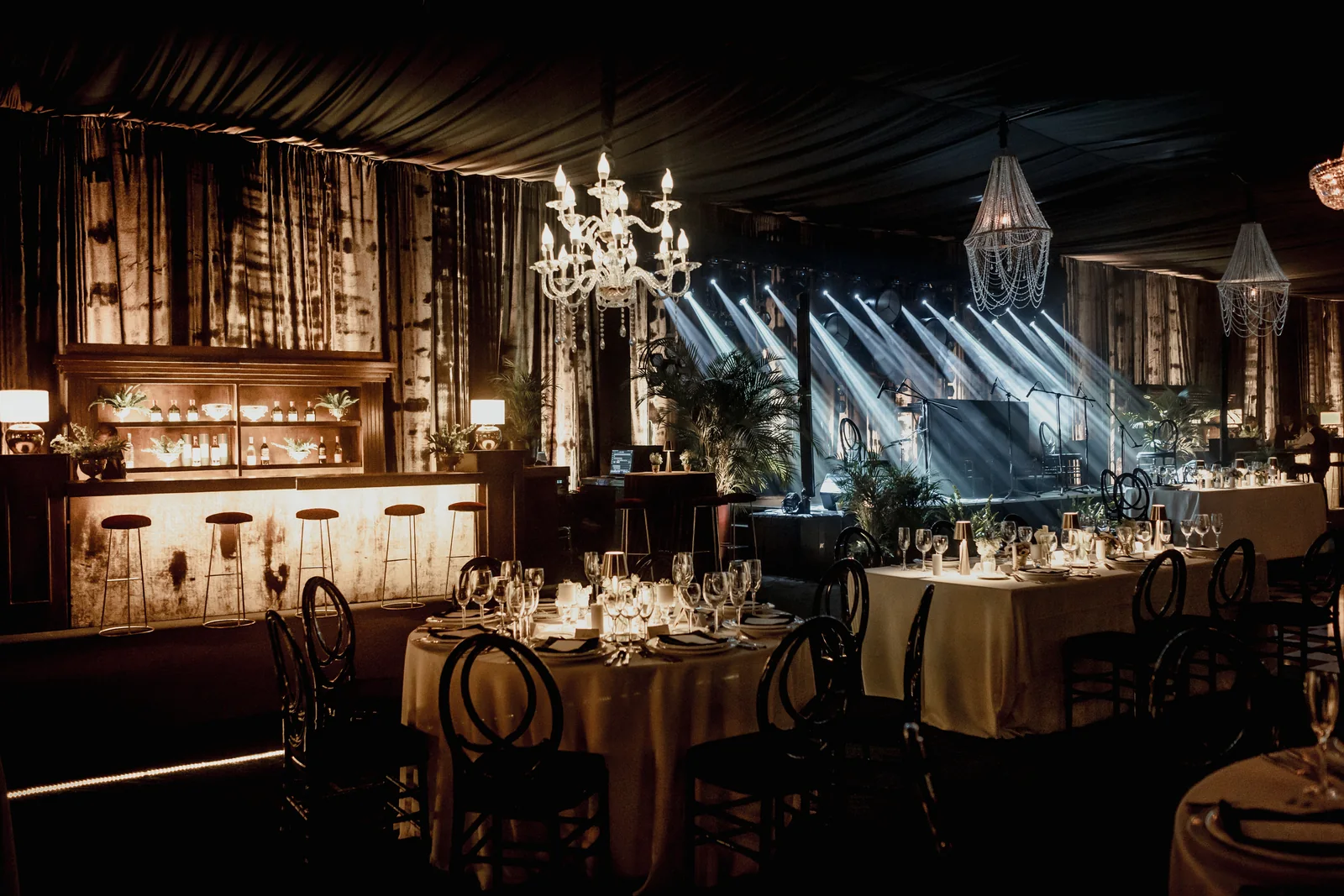 Ballroom with chandelier at night